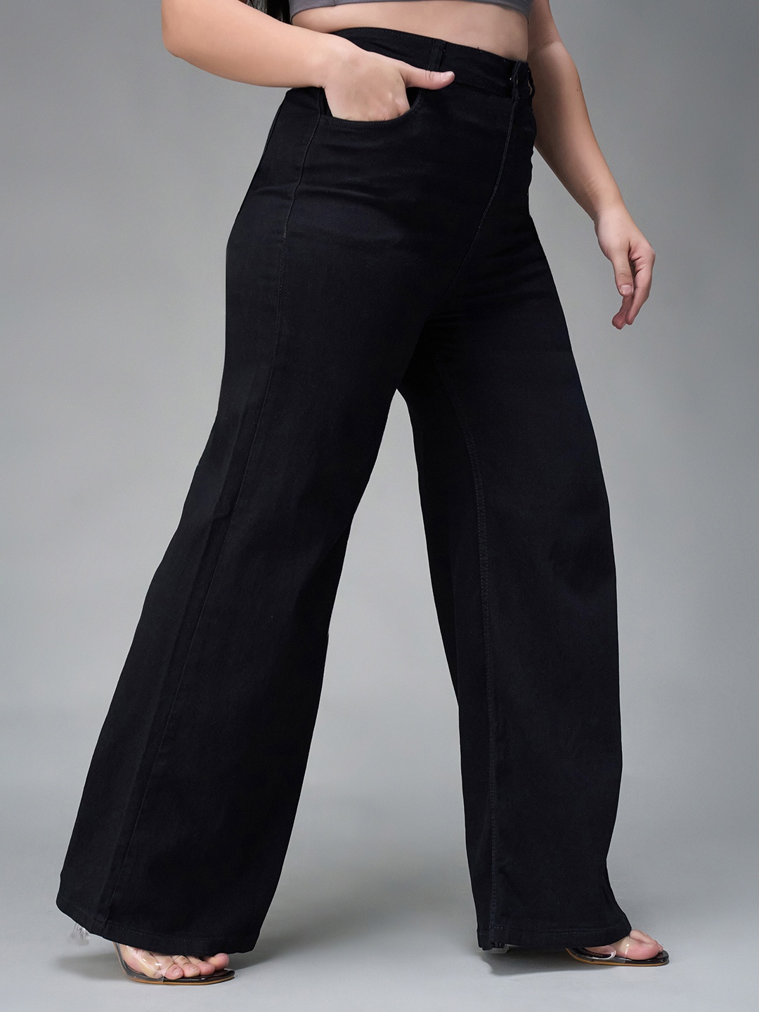 

Miss Chase A+ Women Wide Leg High-Rise Heavy Fade Stretchable Jeans, Black
