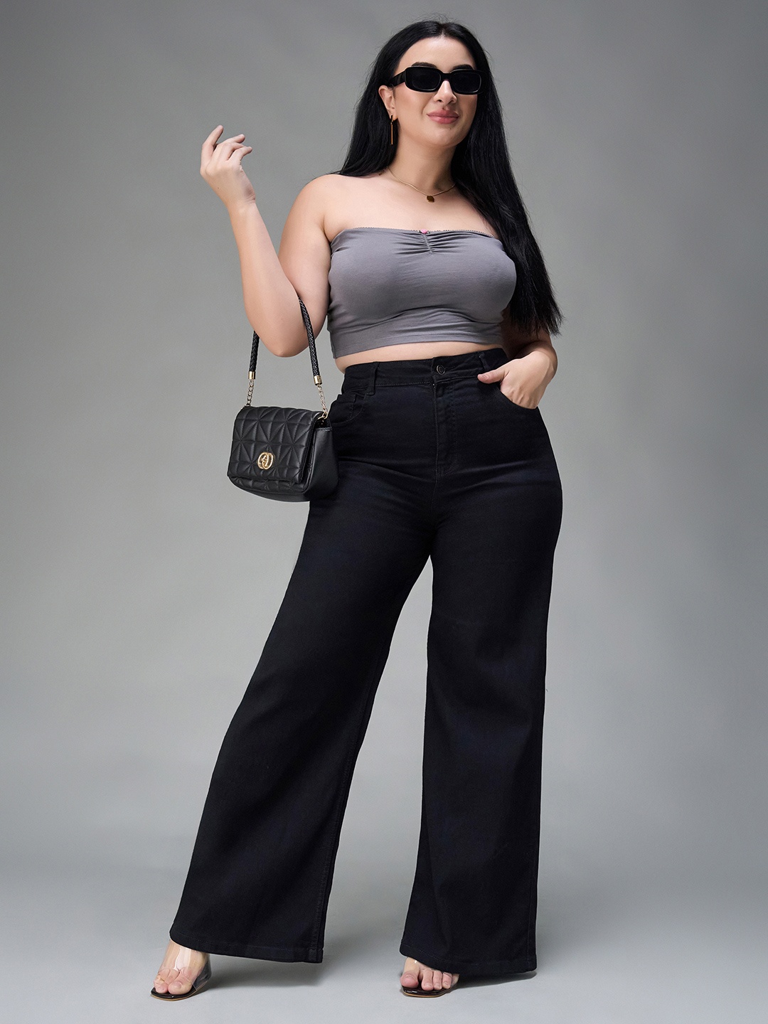 

Miss Chase A+ Women Wide Leg High-Rise Heavy Fade Stretchable Jeans, Black