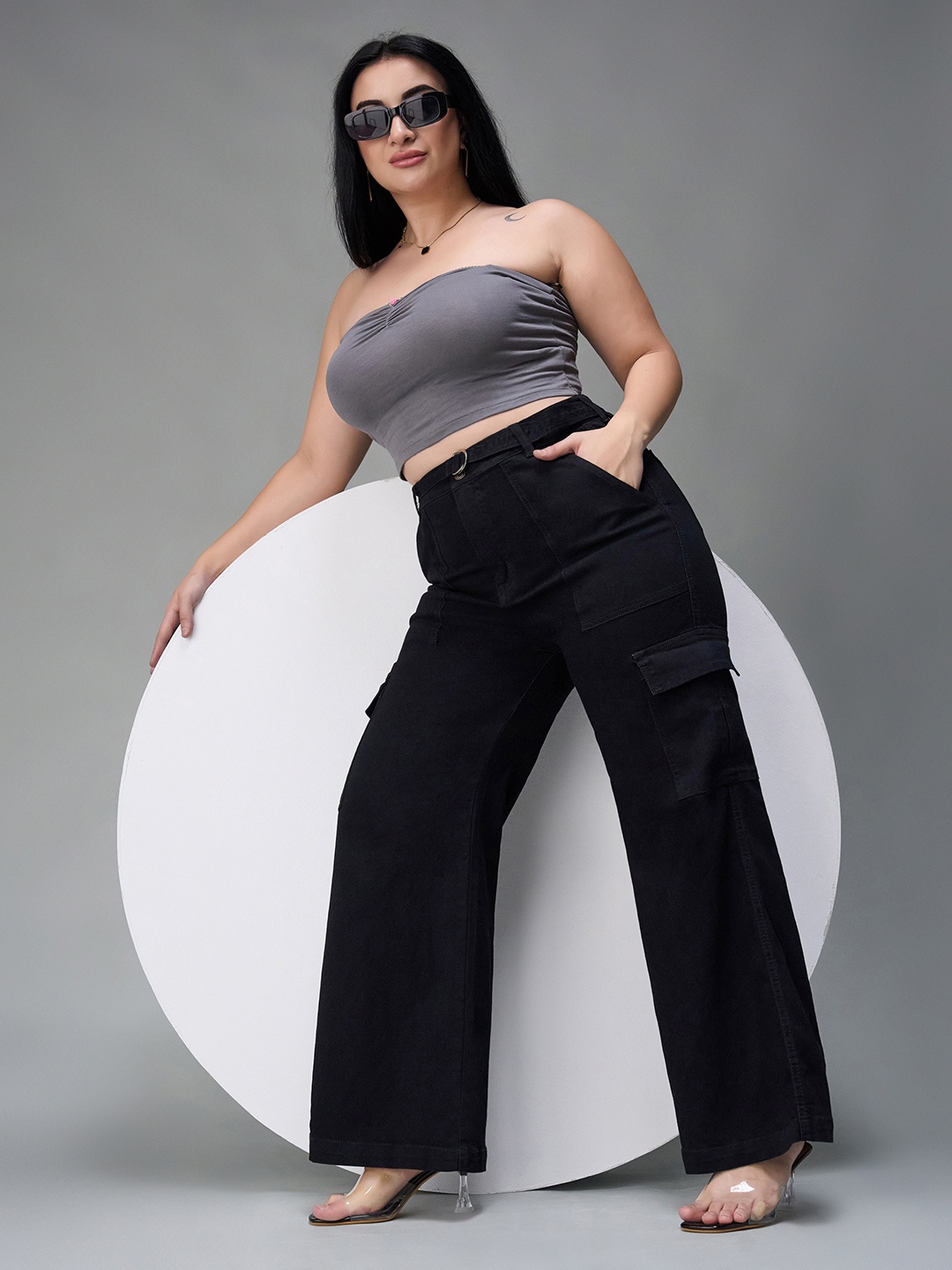 

Miss Chase A+ Women Wide Leg High-Rise Heavy Fade Stretchable Jeans, Black
