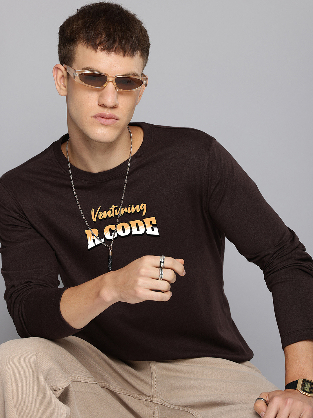 

R.Code by The Roadster Life Co. Men Printed T-shirt, Coffee brown