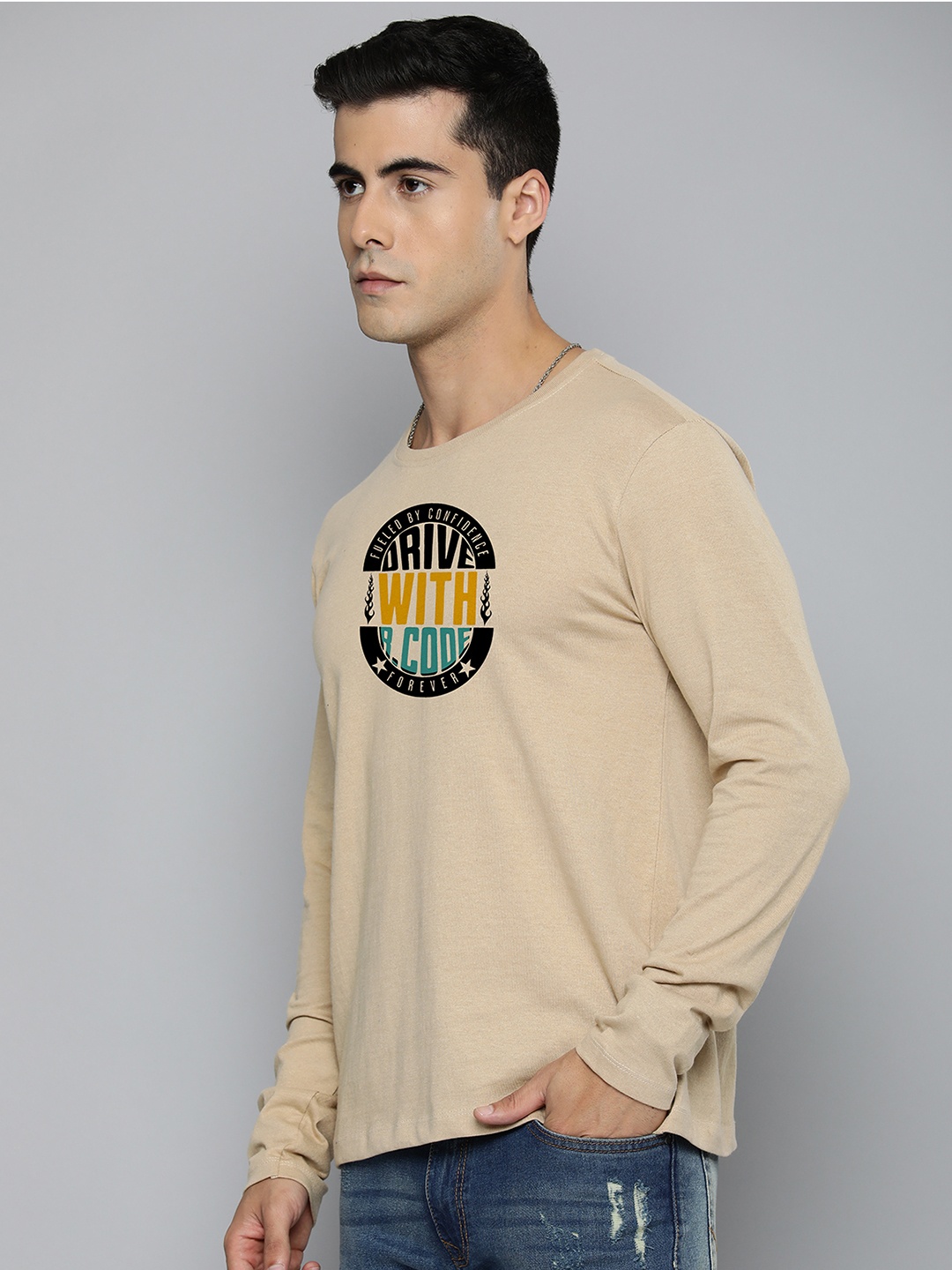 

R.Code by The Roadster Life Co. Men Printed T-shirt, Beige