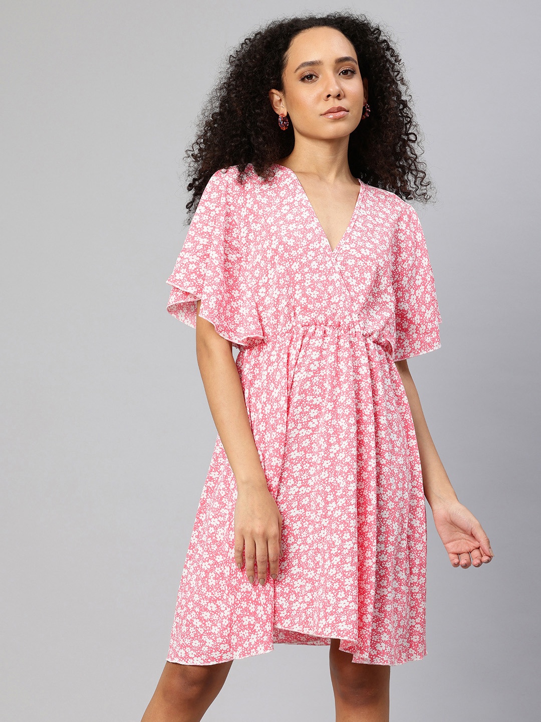 

London Rag Floral Print Flared Sleeve Wrap Dress, Pink