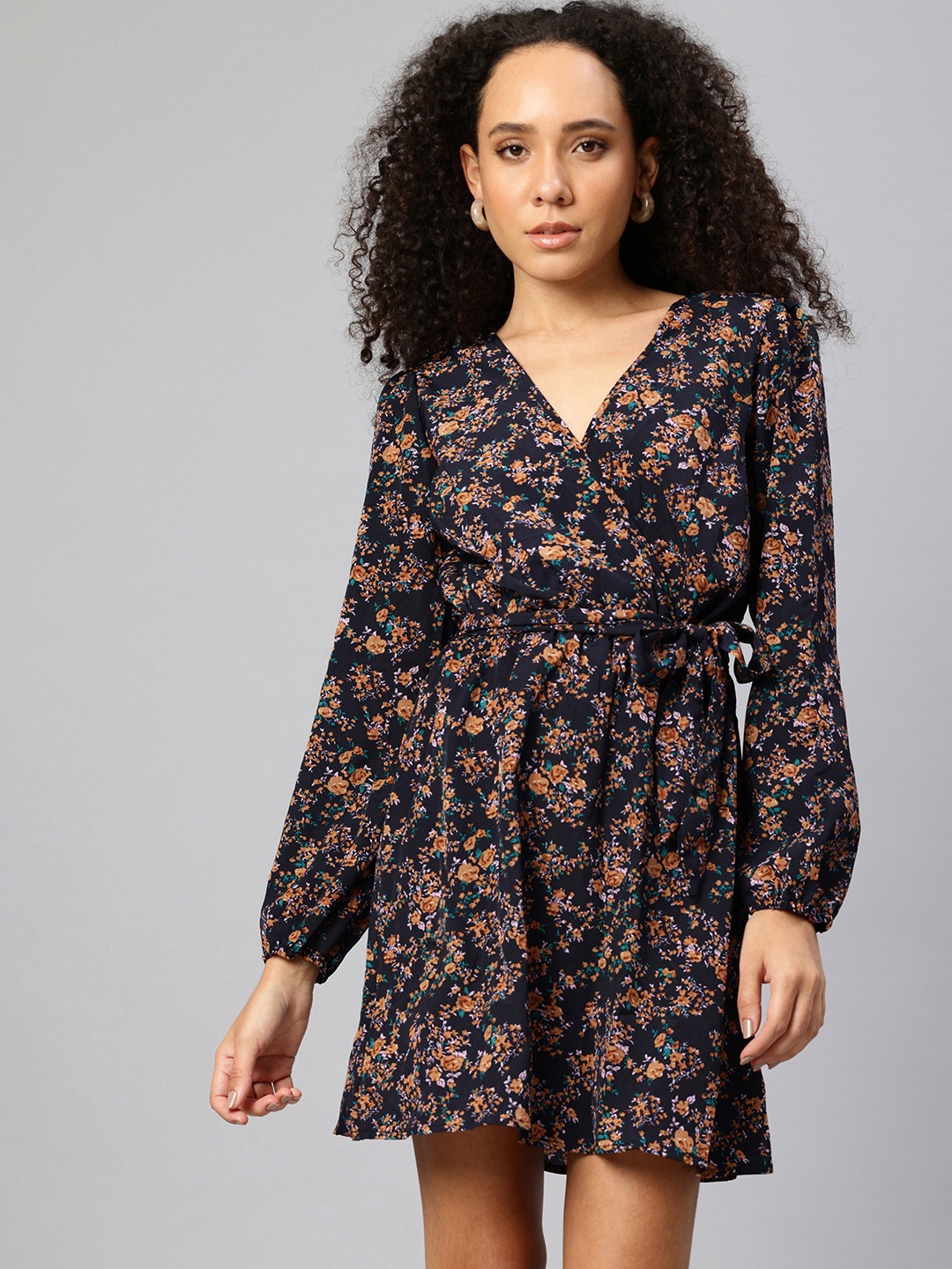 

London Rag Floral Print Puff Sleeve Wrap Dress, Navy blue
