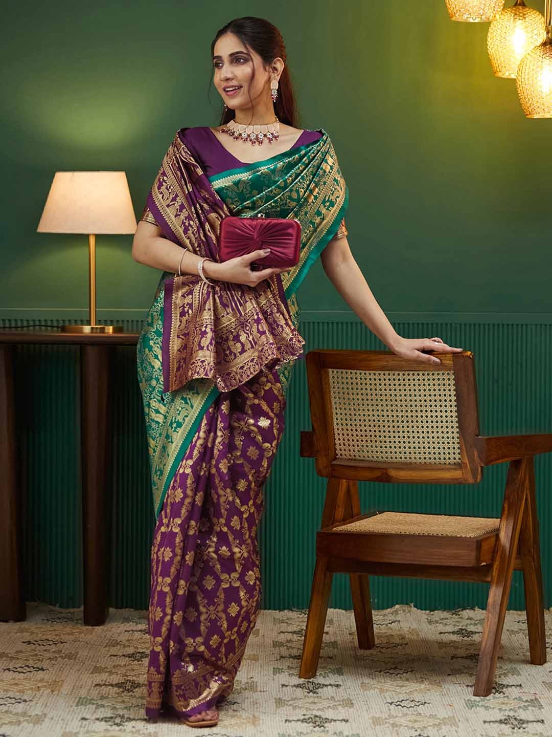 

KALINI Ethnic Motifs Zari Pure Silk Banarasi Saree, Green