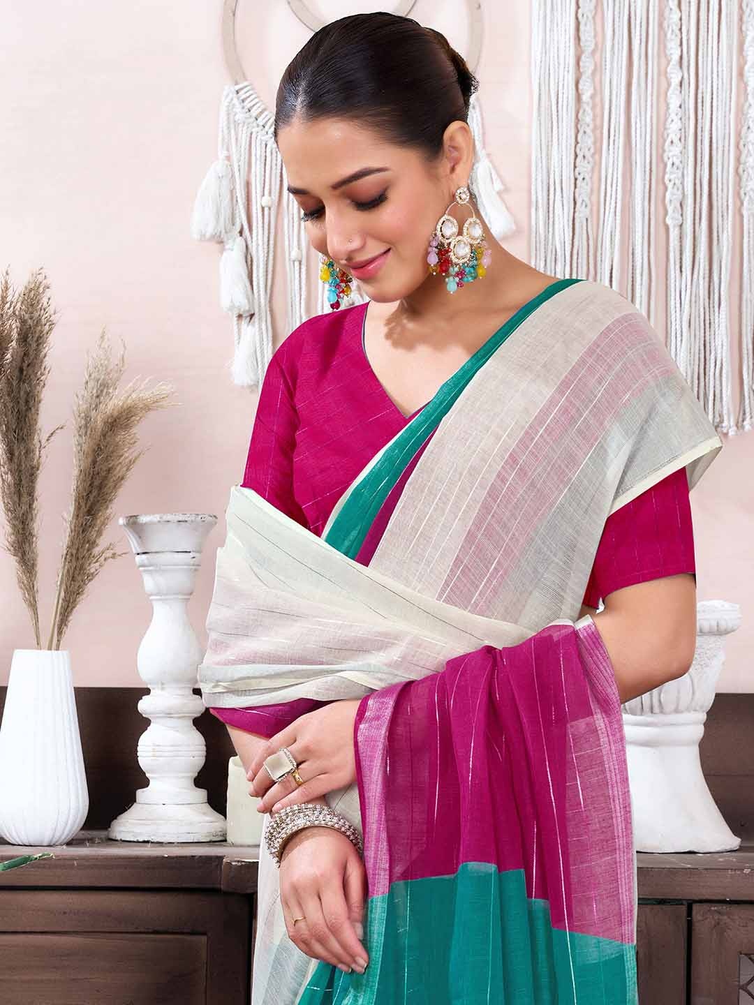 

KALINI Striped Zari Tussar Saree, White