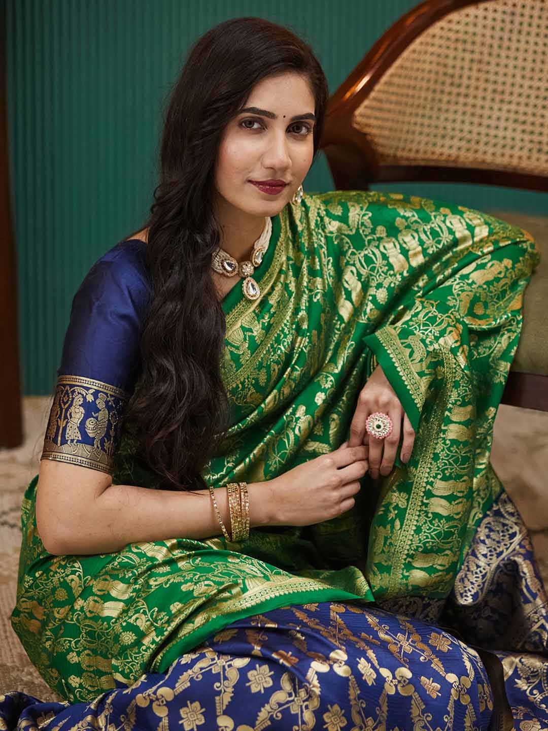 

KALINI Woven Design Zari Pure Silk Banarasi Saree, Navy blue