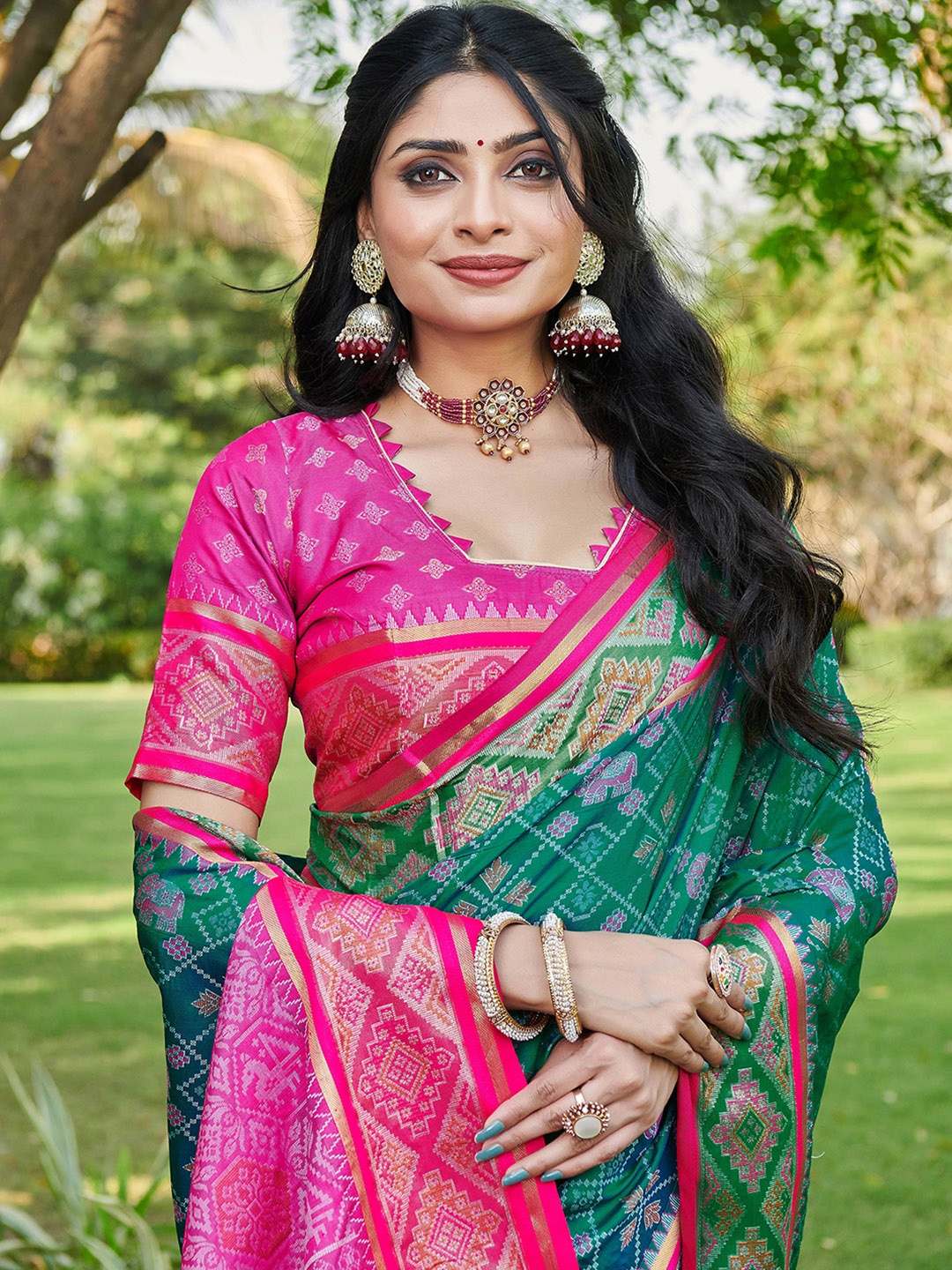 

Satrani Woven Design Zari Pure Silk Patola Saree, Green