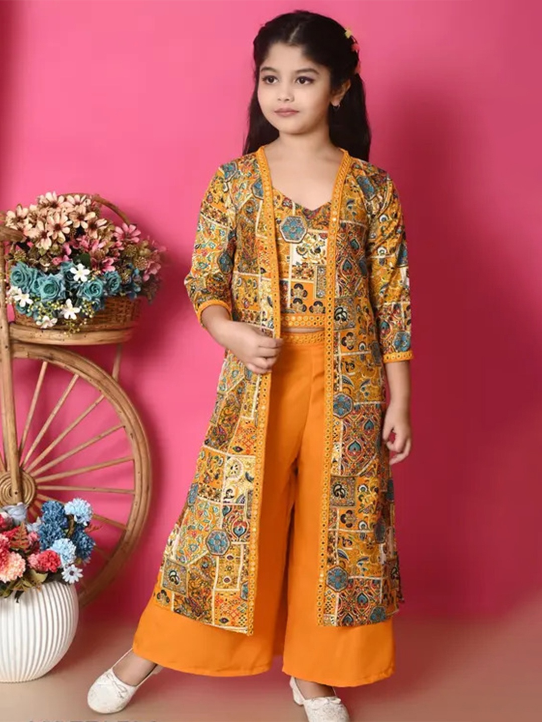 

SK DRESSES Girls Printed Top with Palazzos, Yellow