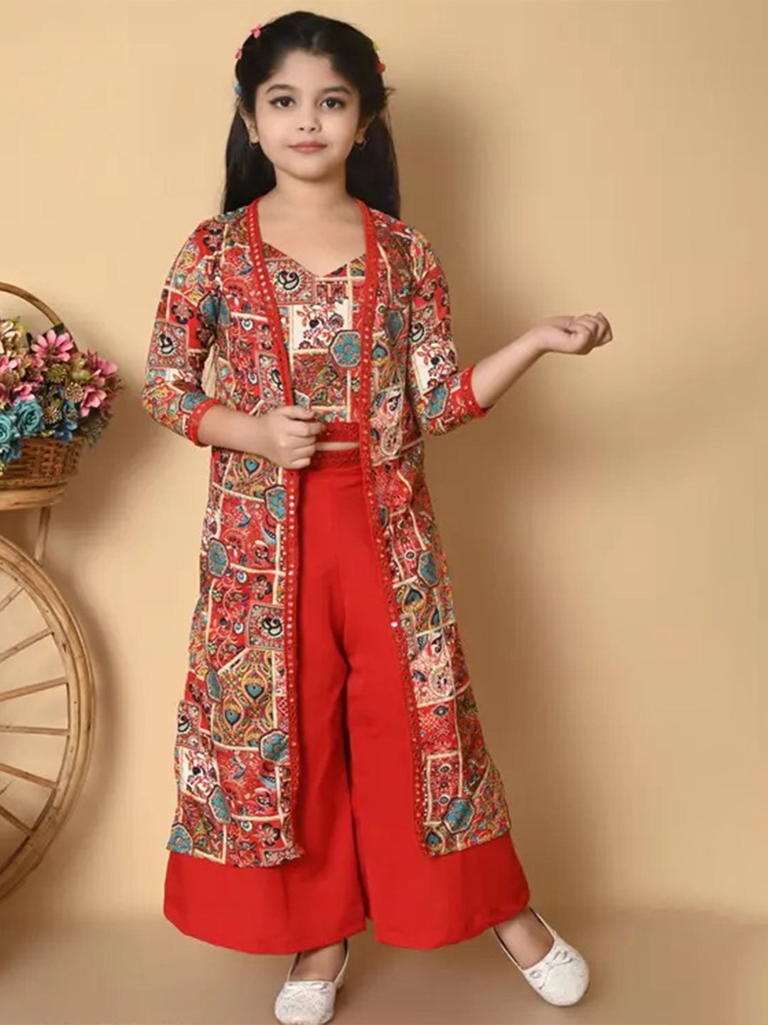 

SK DRESSES Girls Printed Top with Palazzos, Red