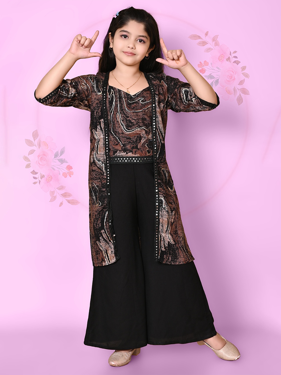 

SK DRESSES Girls Printed Top with Palazzos, Black