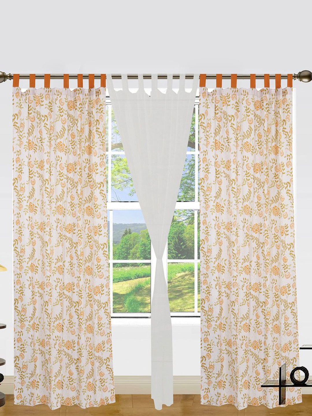 Dekor World White Set of 3 Floral Long Door Curtain