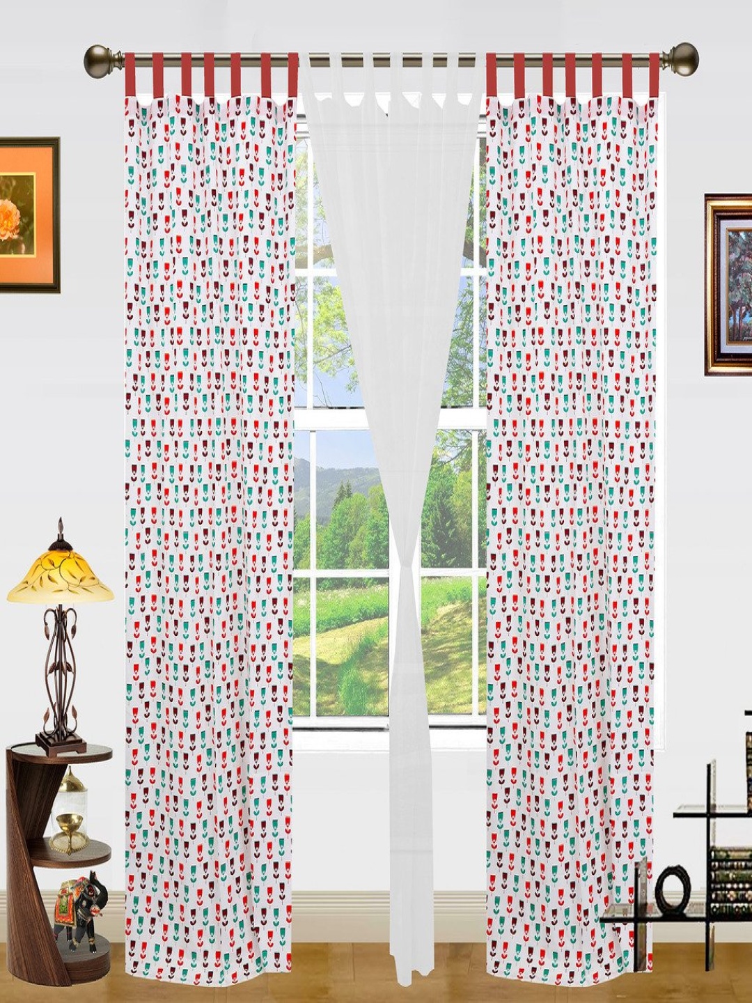 Dekor World White Set of 3 Floral Long Door Curtain