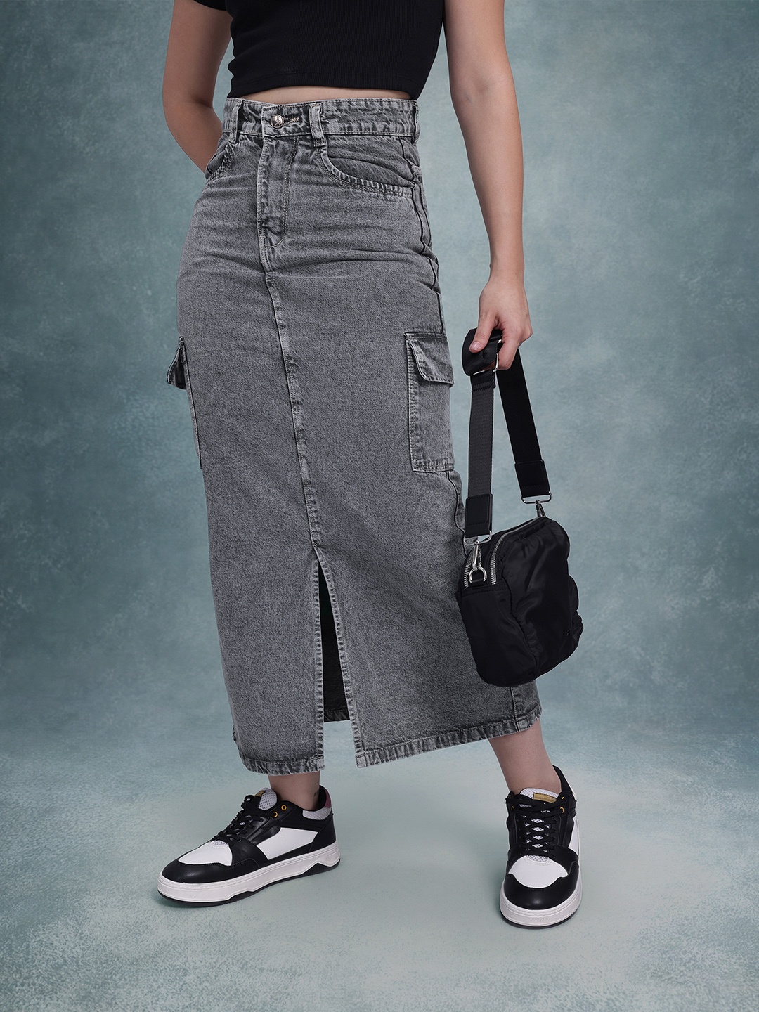 

The Roadster Lifestyle Co. Cargo Denim Straight Maxi Skirt With Front Slit, Grey