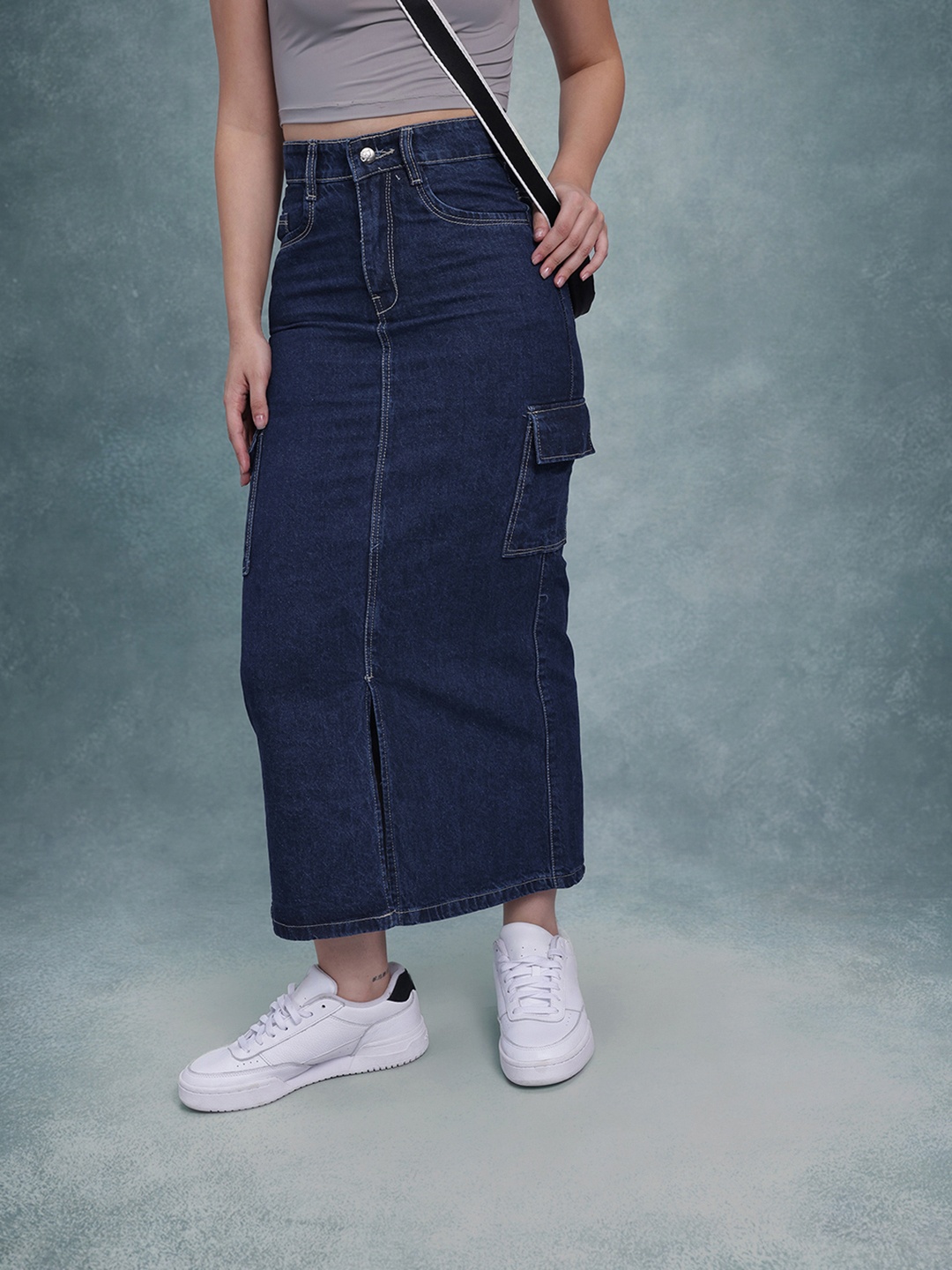 

The Roadster Lifestyle Co. Cargo Denim Straight Maxi Skirt With Front Slit, Navy blue