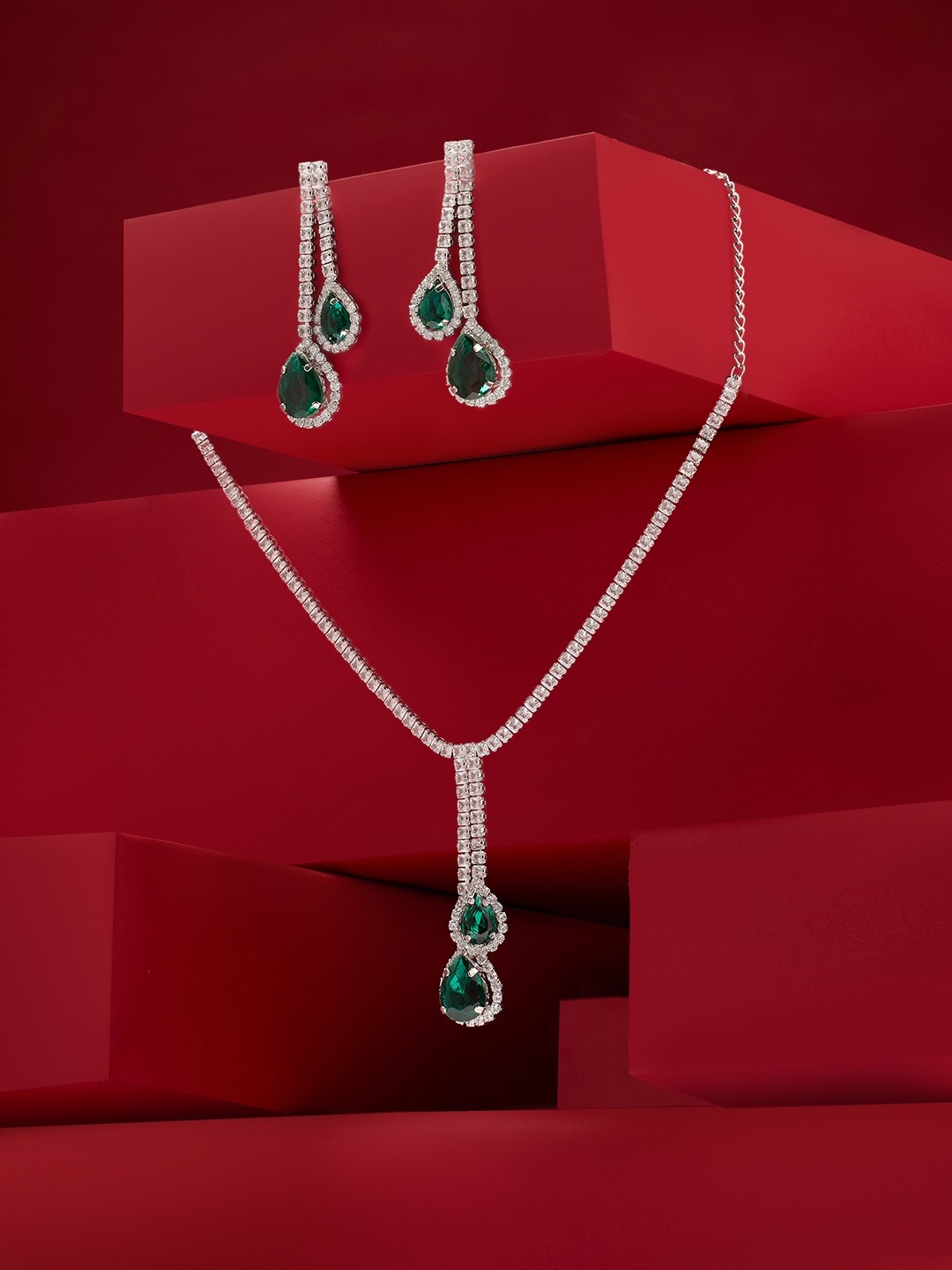 

Zaveri Pearls Sliver Plated Austrian Diamonds Studded Jewellery Set, Silver
