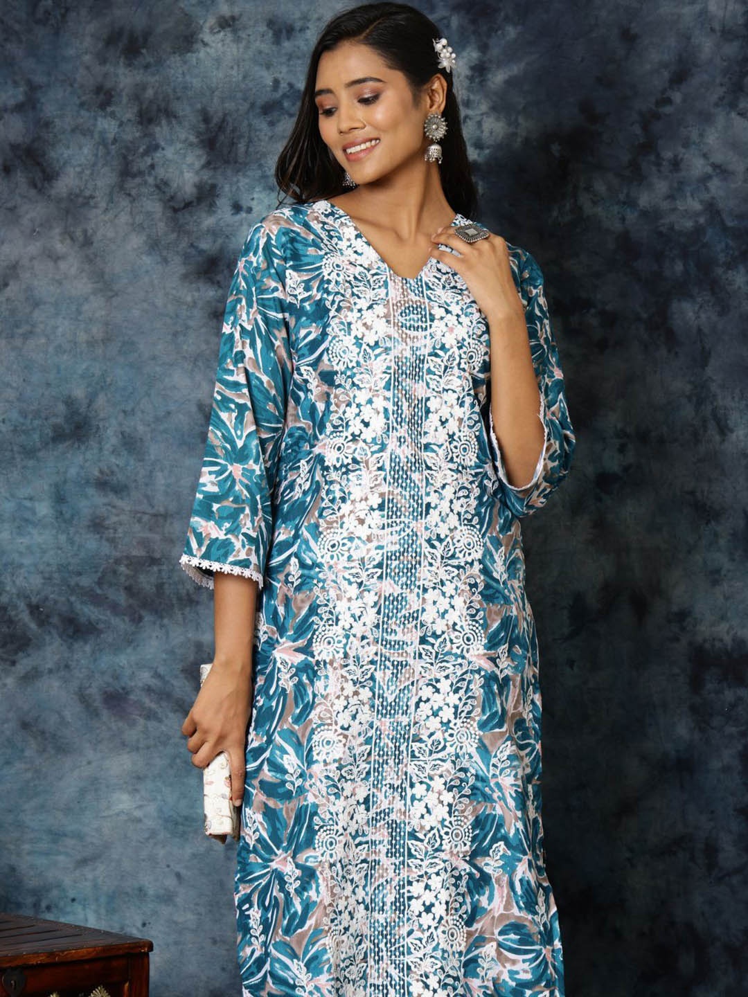 

Sangria Floral Printed Chikanakri Embroidered Straight Kurta, Blue