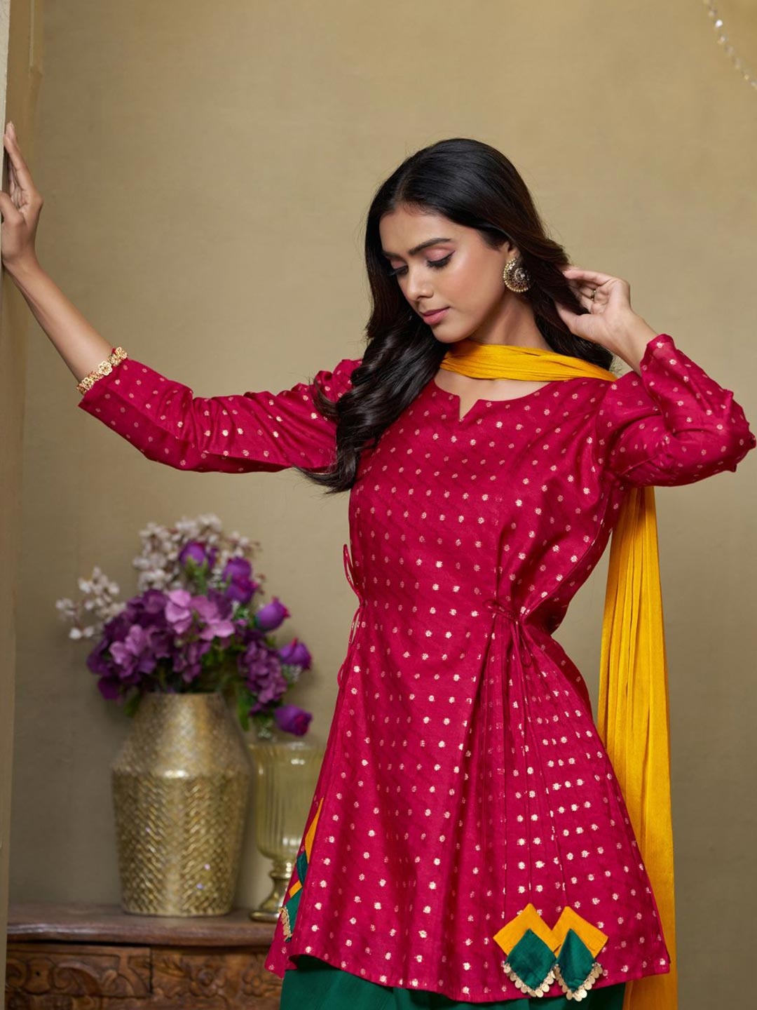 

Sangria Women Cotton Silk Zari Embroidered Kurti Dhoti and Dupatta Set, Red