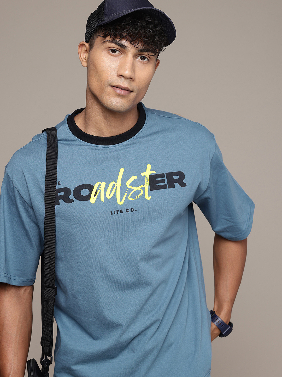 

The Roadster Lifestyle Co. Printed Drop-Shoulder Sleeves Relaxed Fit Pure Cotton T-shirt, Blue