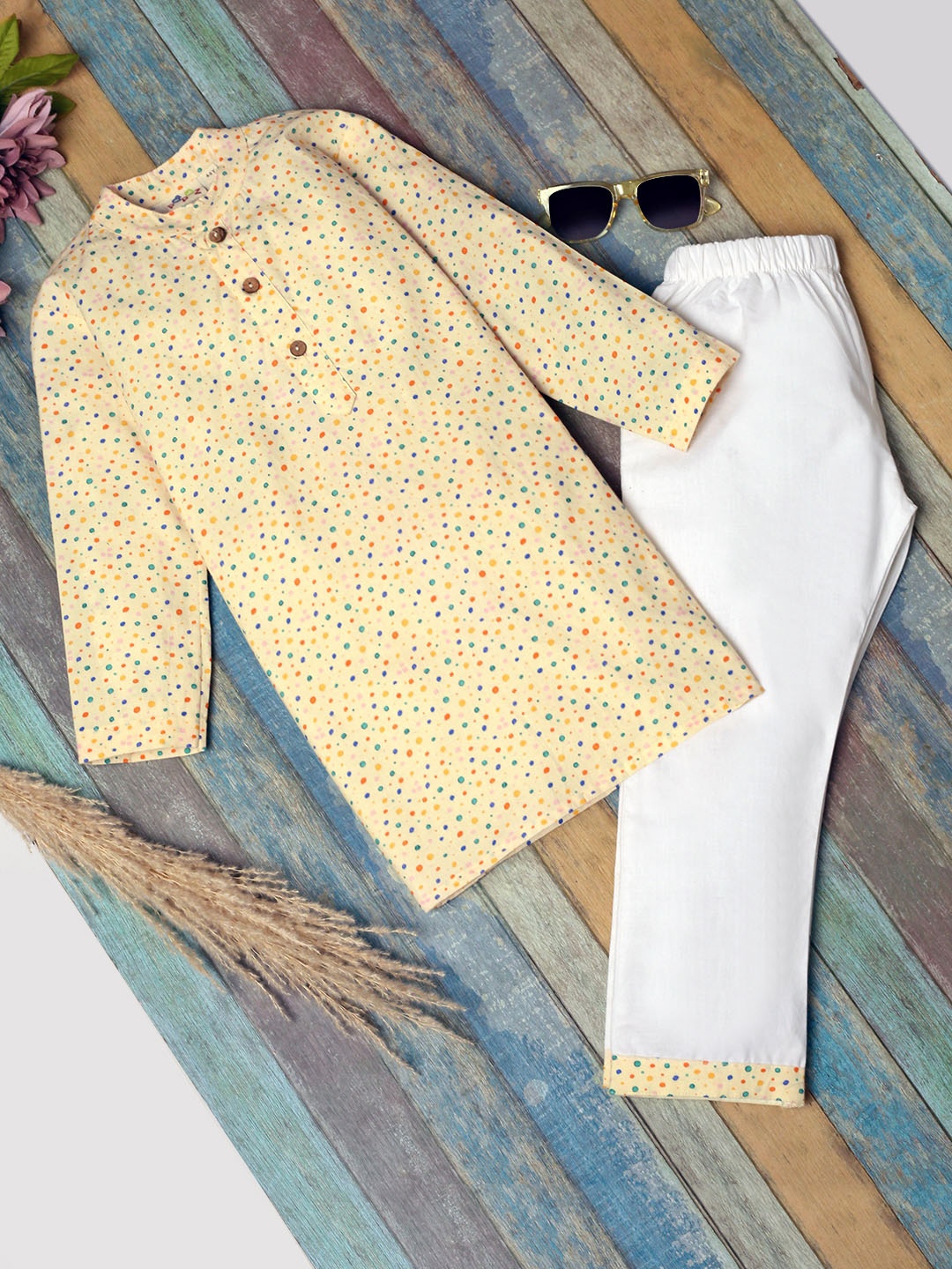 

Desi Soota Boys Printed Regular Pure Cotton Kurta with Trousers, Cream