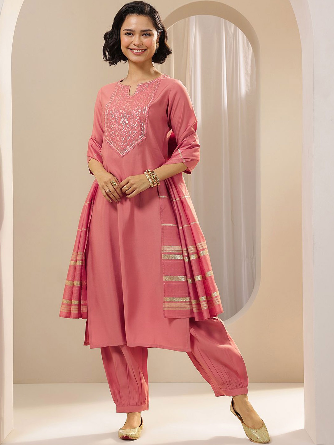 

Libas Women Floral Yoke Design Regular Kurta with Salwar & With Dupatta, Peach