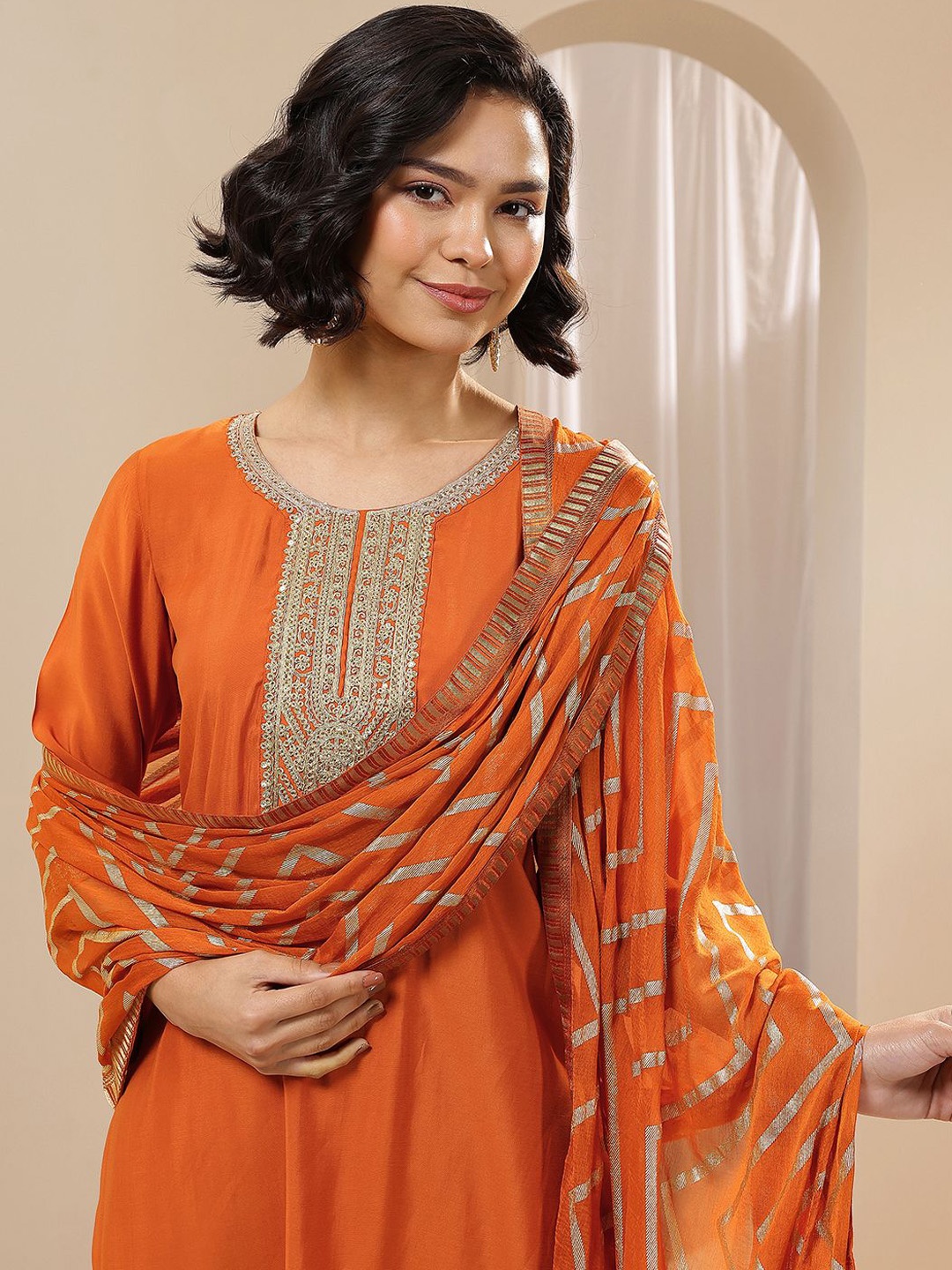 

Libas Women Floral Yoke Design Regular Kurta with Salwar & With Dupatta, Rust