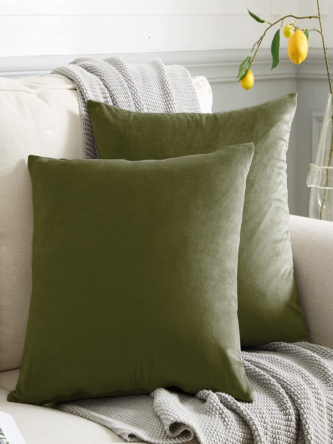

CASABLEU Olive Green Set of 2 Velvet Square Cushion Covers