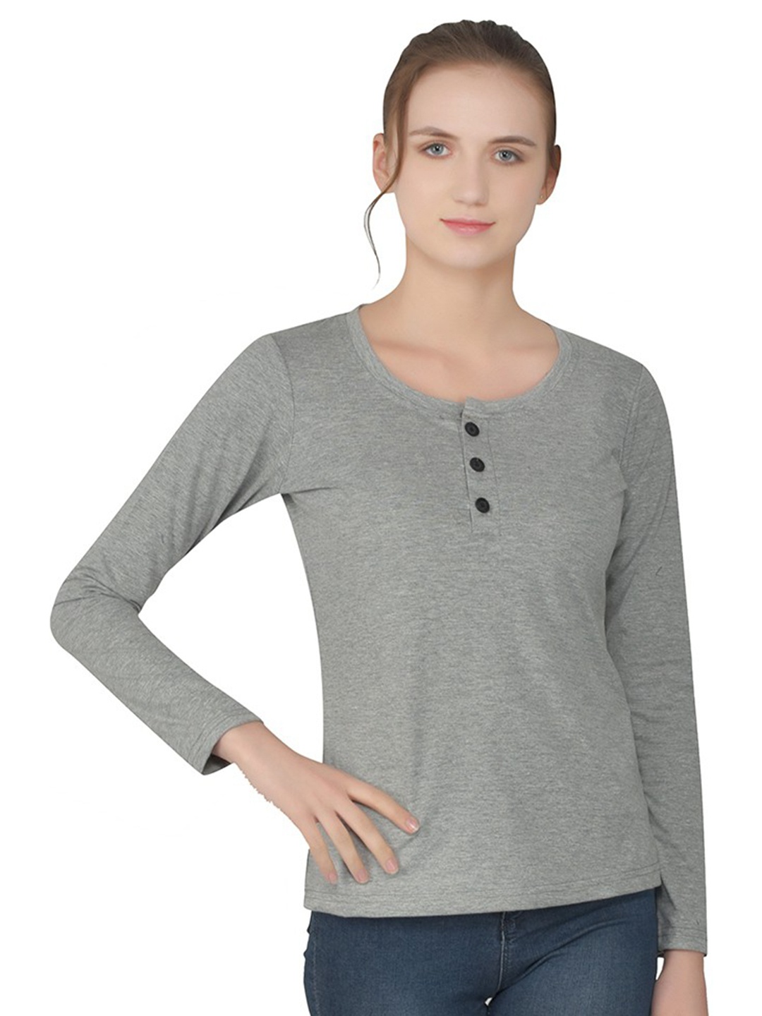 

BEYOU FASHION Women Henley Neck Pockets Slim Fit T-shirt, Grey