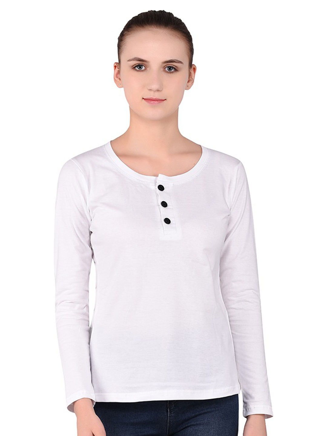 

BEYOU FASHION Women Henley Neck Applique Slim Fit T-shirt, White