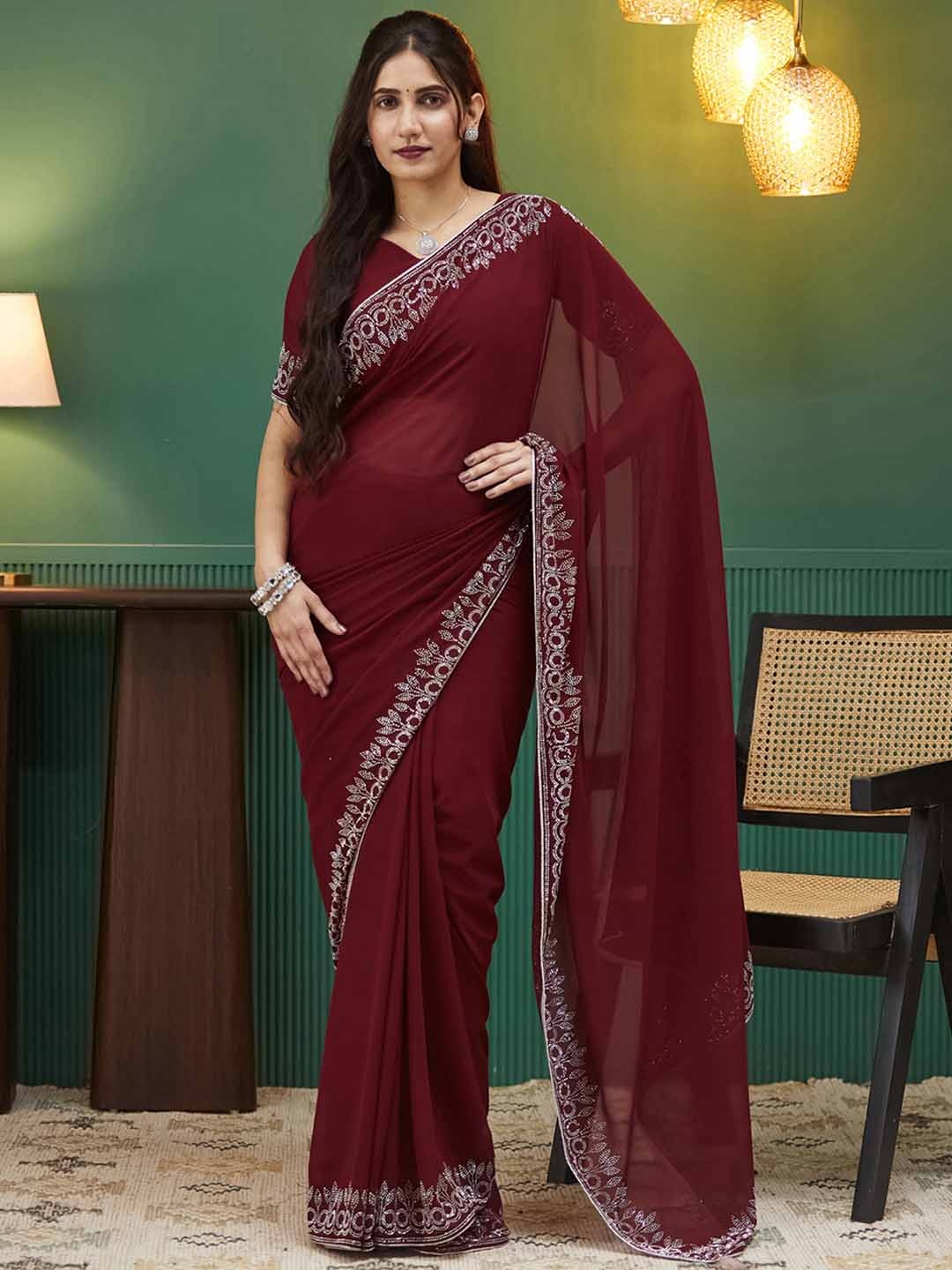 

KALINI Beads and Stones Pure Georgette Saree, Maroon