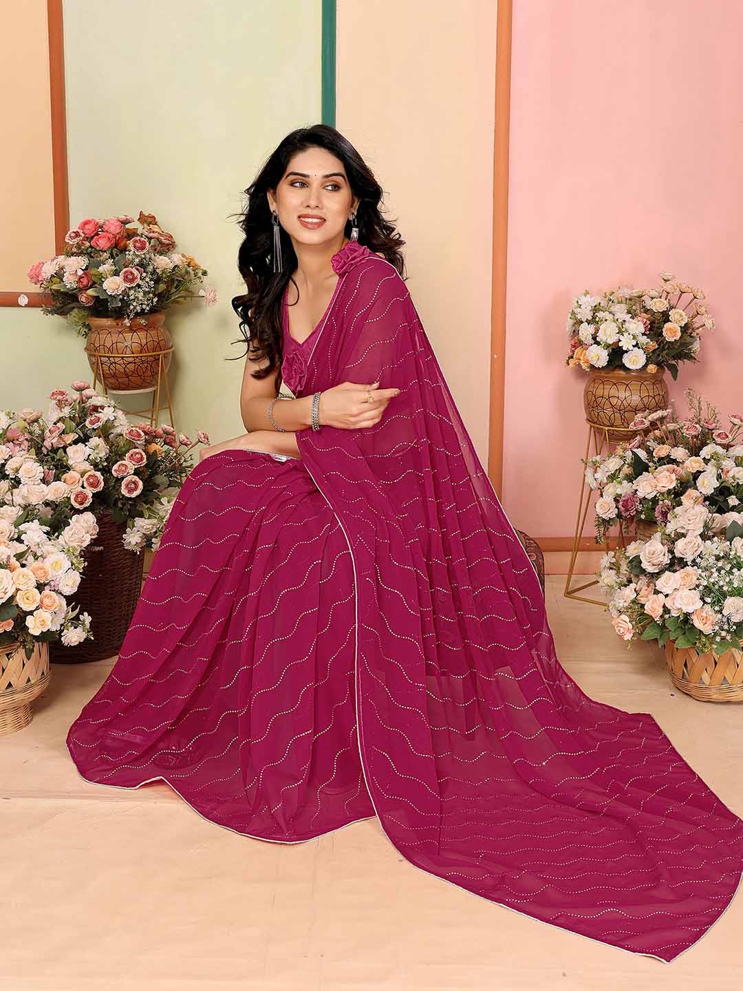 

Mitera Embellished Beads and Stones Pure Georgette Saree, Pink
