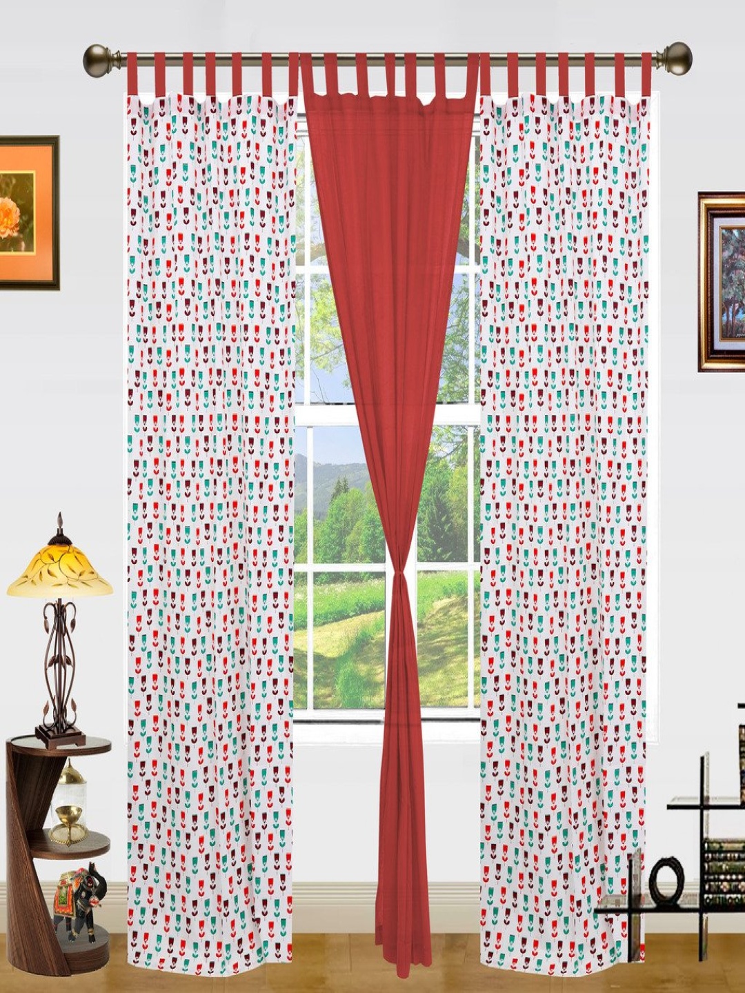 Dekor World Red Set of 3 Floral Long Door Curtain