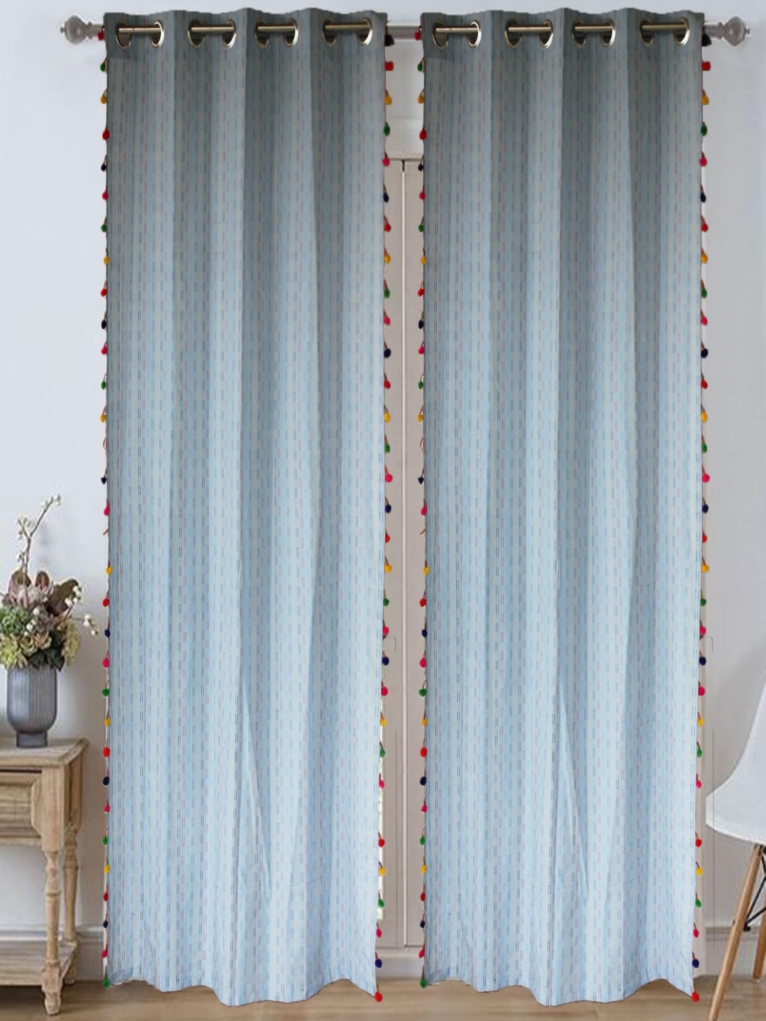 Dekor World Beige Set of 2 Striped Window Curtain