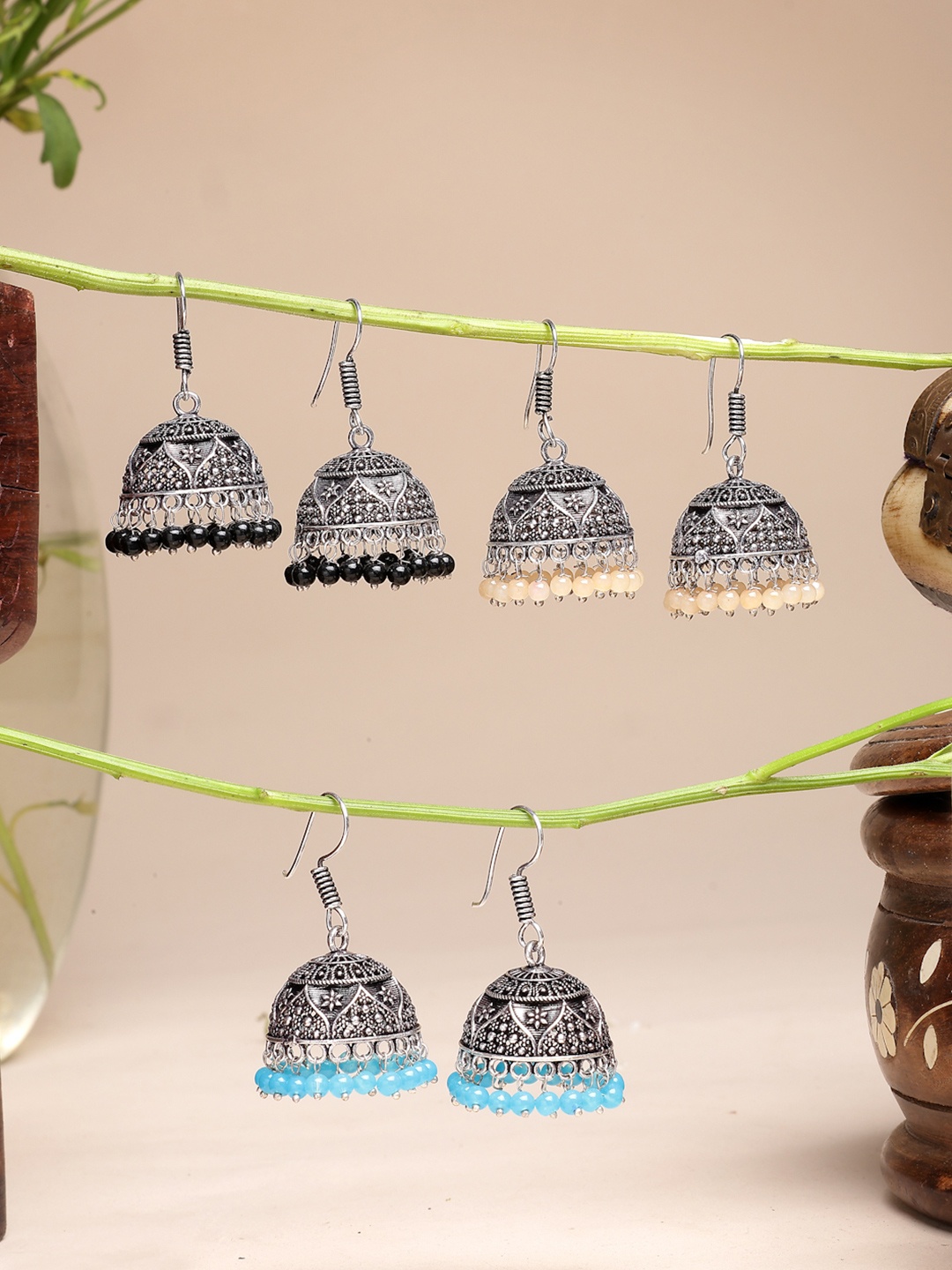 

Sangria Set Of 3 Silver-Plated Oxidised Beaded Jhumka Earrings