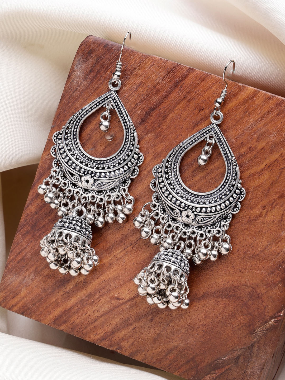 

Sangria Silver-Plated Oxidized Beaded Jhumka Earrings