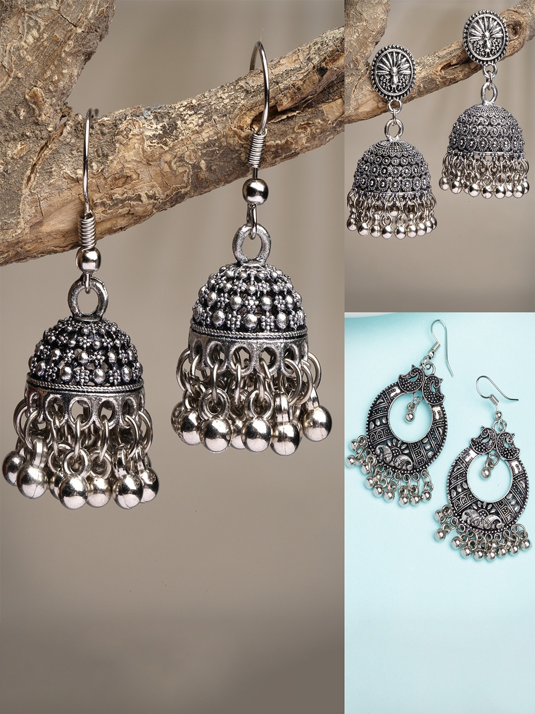 

Sangria Set Of 3 Silver-Plated Oxidised Beaded Dome Shaped Jhumka Earrings