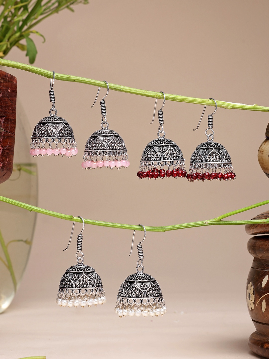 

Sangria Set Of 3 Silver-Plated Oxidised Beaded Jhumka Earrings