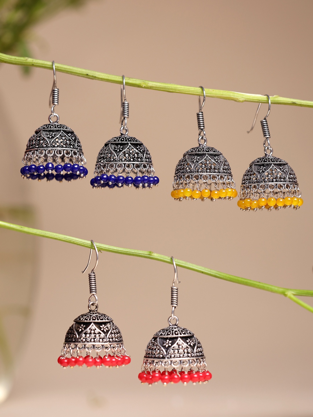 

Sangria Women Pair of 3 Oxidised Silver Plated Multicolor Artificial Beads Jhumka Earrings