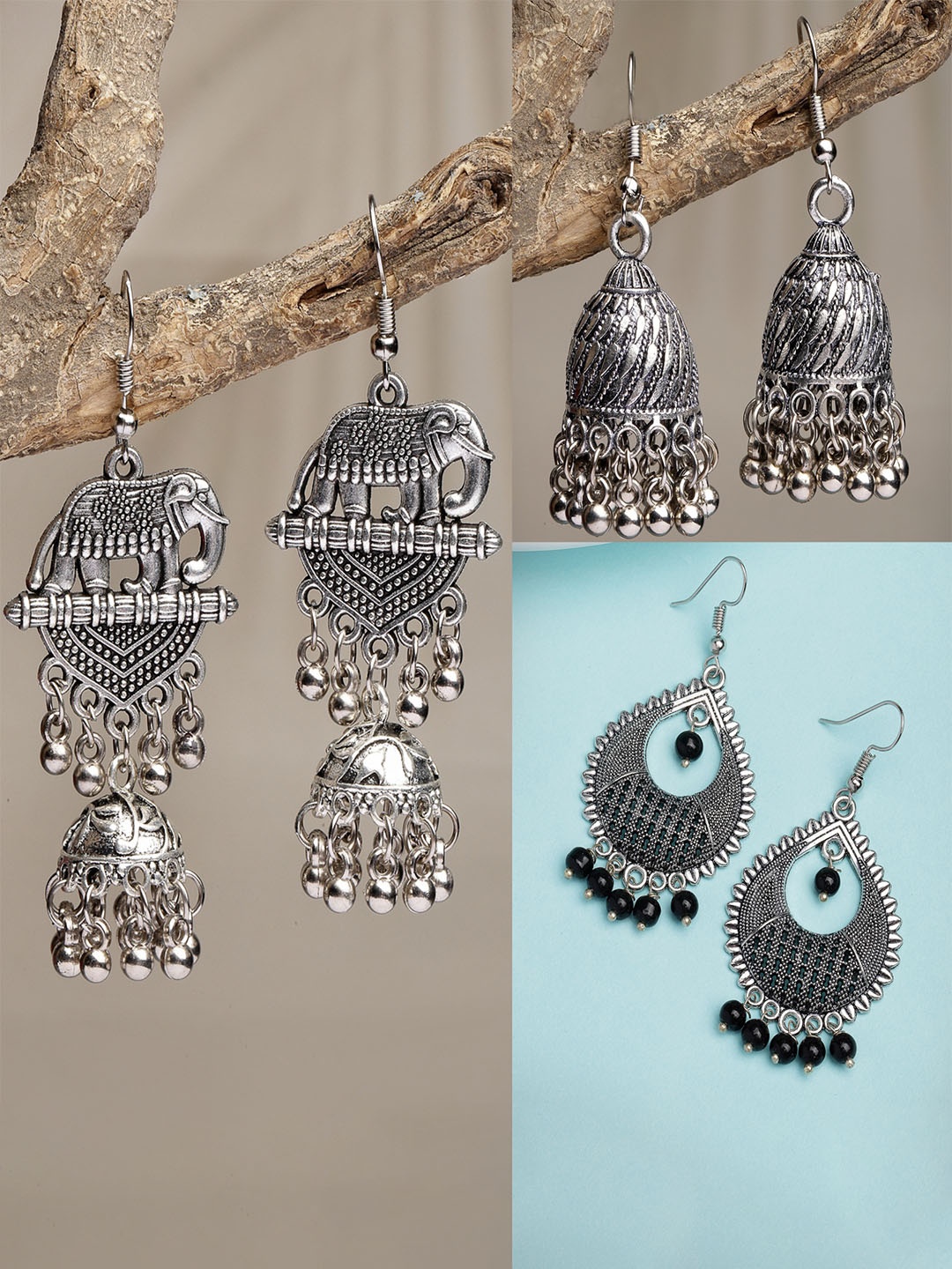 

Sangria Set Of 3 Silver-Plated Beaded Oxidised Dome Shaped Jhumka Earrings