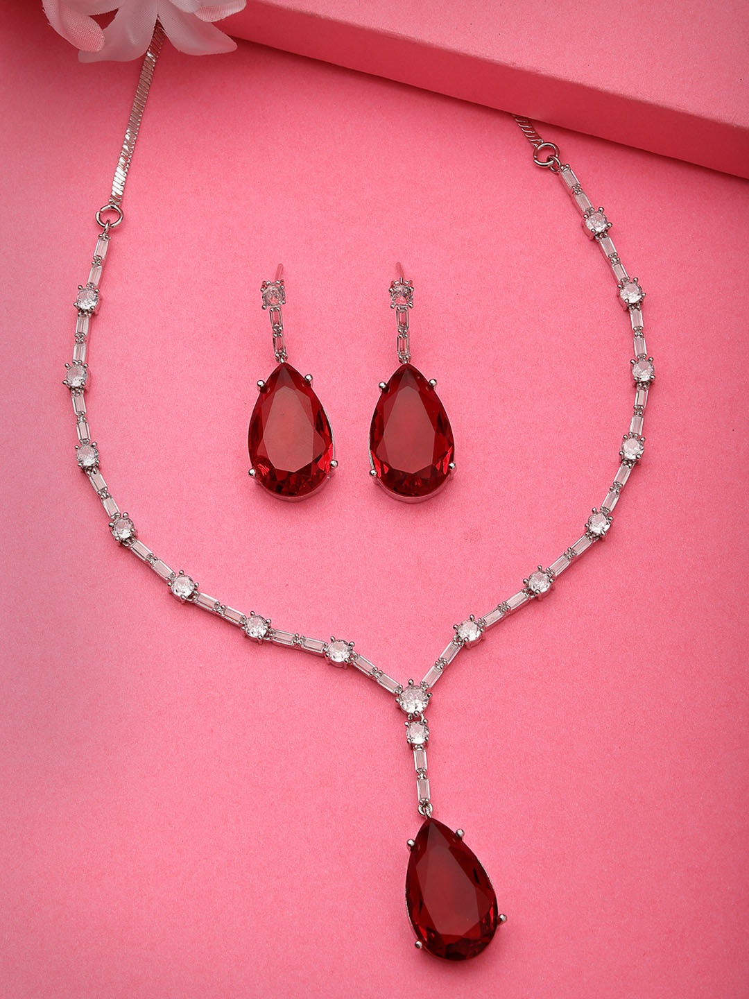 

DressBerry Women Silver-Plated Red Artificial Stones Studded Handcrafted Jewellery Set