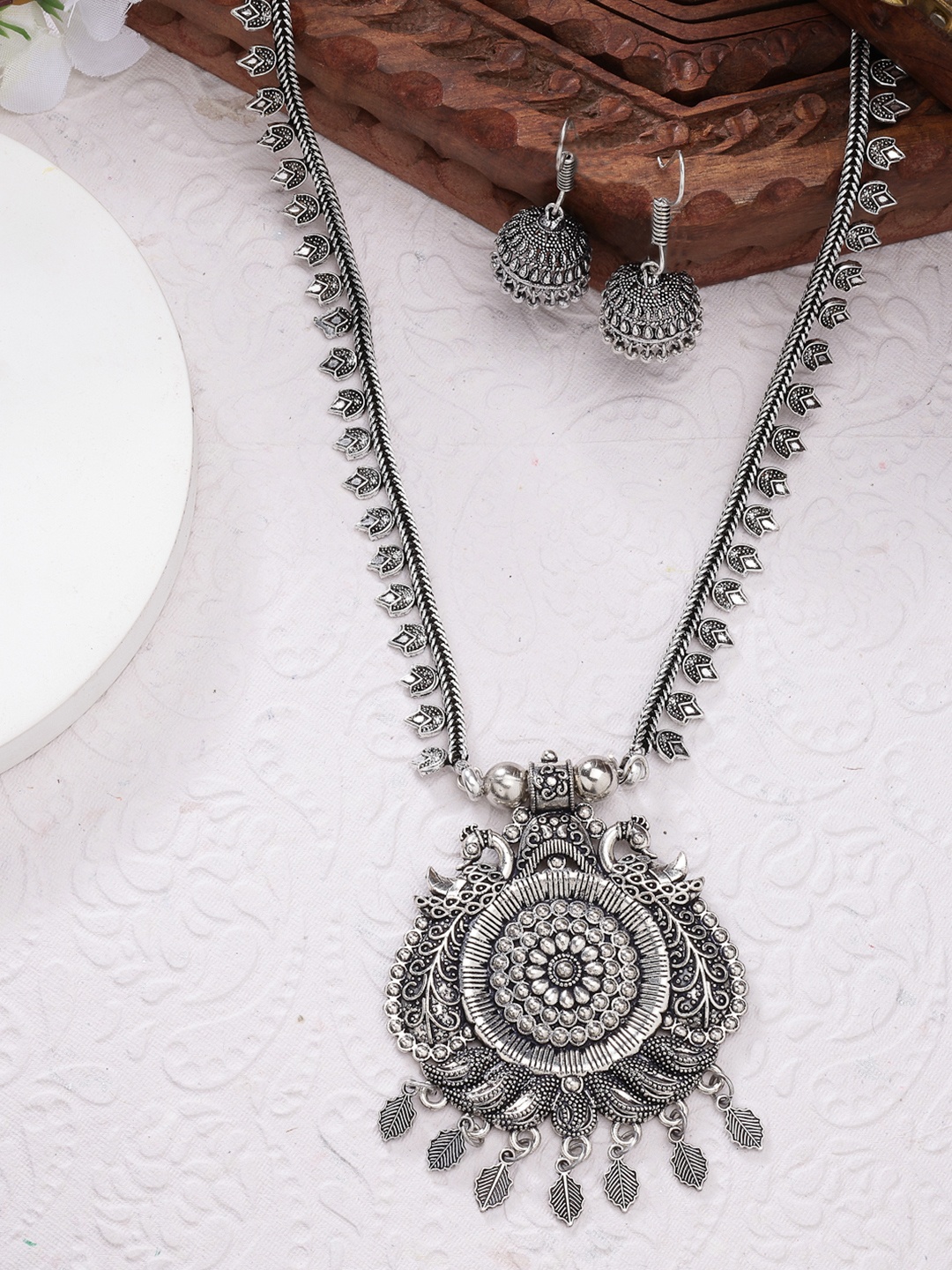 

Sangria Peacock Design Oxidized Necklace With Jhumka Earrings, Silver
