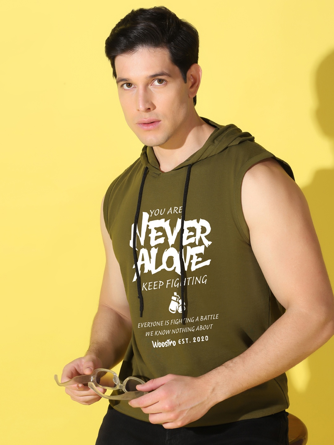 

WOOSTRO Men Typography Printed Hooded Slim Fit T-shirt, Olive