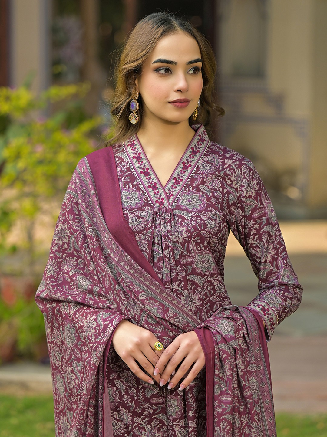 

KALINI Women Floral Printed Pleated Kurta with Trousers & With Dupatta, Burgundy