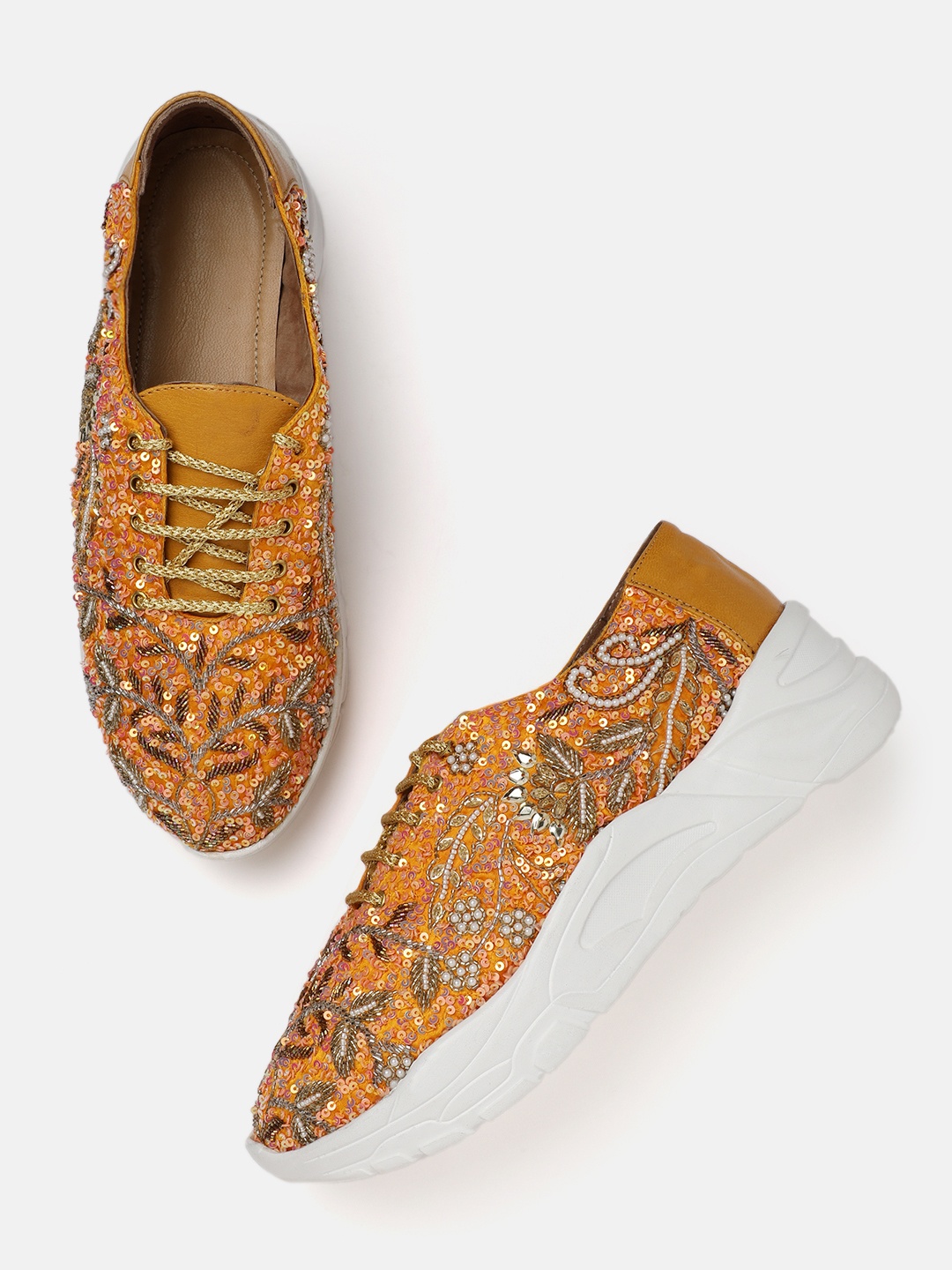 

ZORI WORLD Women Textured Embellished Sneakers, Orange