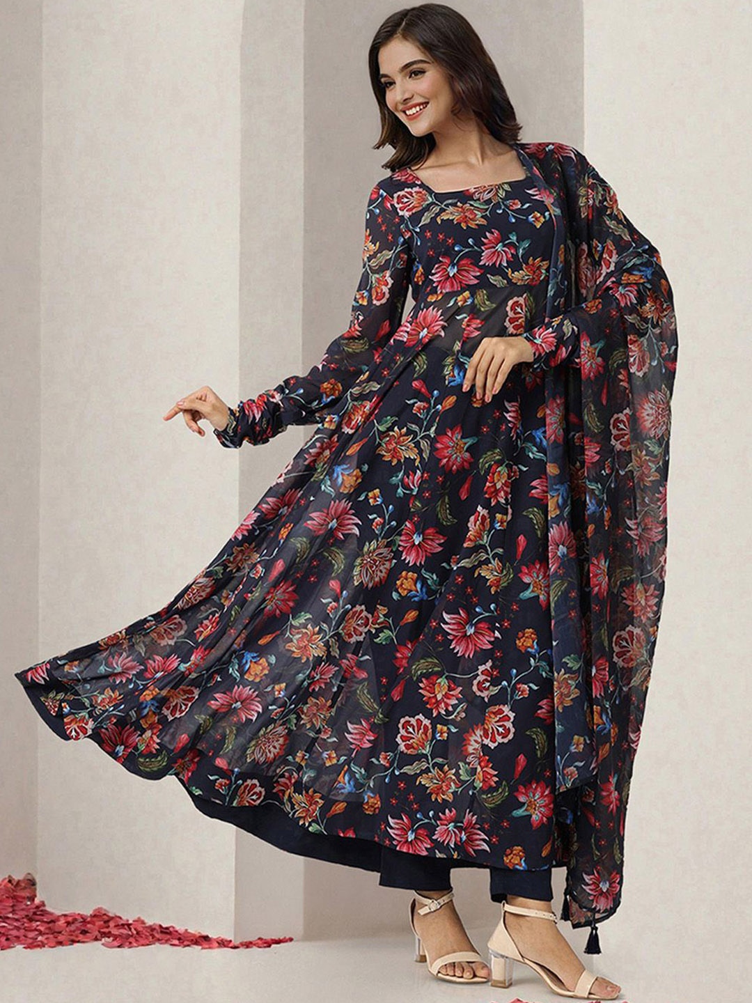 

Ishin Women Floral Printed Regular Velvet Kurta with Trousers & With Dupatta, Navy blue