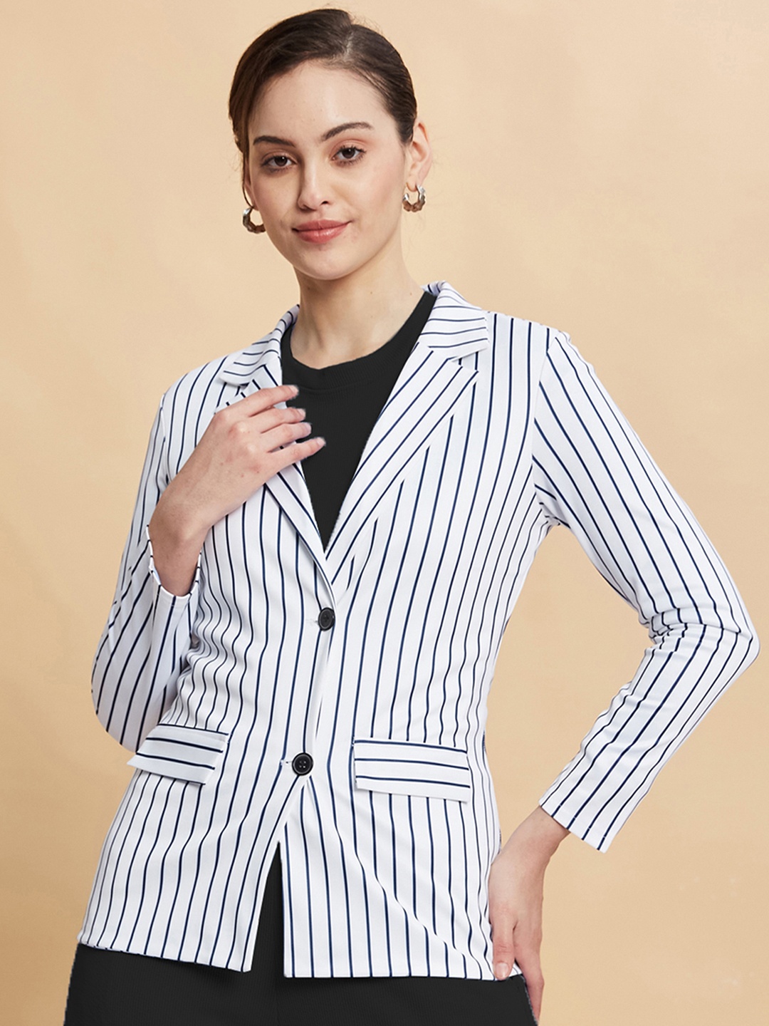 

Moda Rapido Women Multi Stripes Opaque Striped Casual Blazers, White