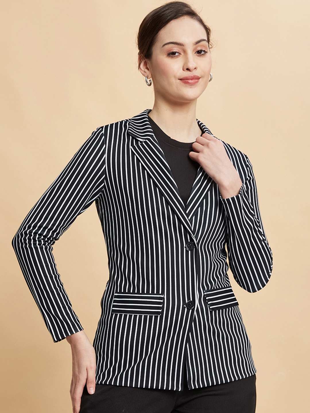 

Moda Rapido Women Striped Notched Lapel Collar Formal Blazers, Black