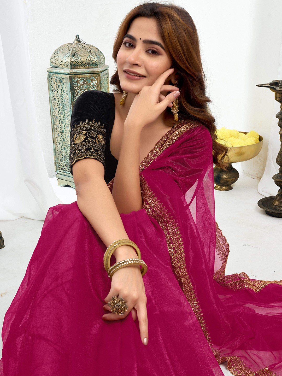 

all about you Embroidered Supernet Saree, Pink