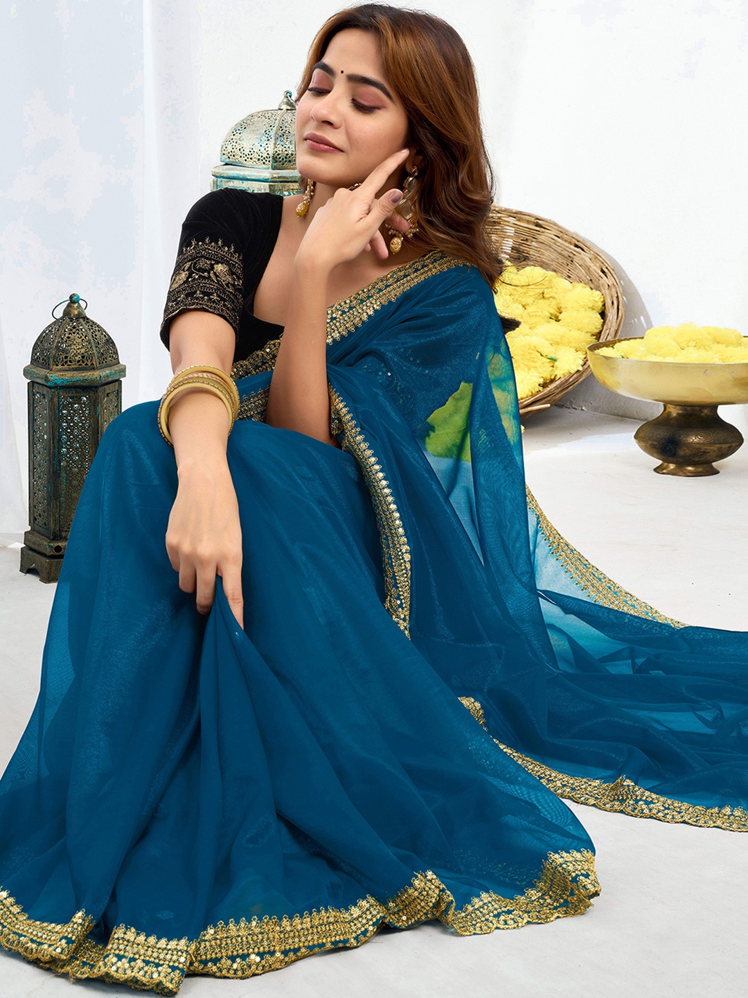 

all about you Embellished Embroidered Supernet Saree, Blue