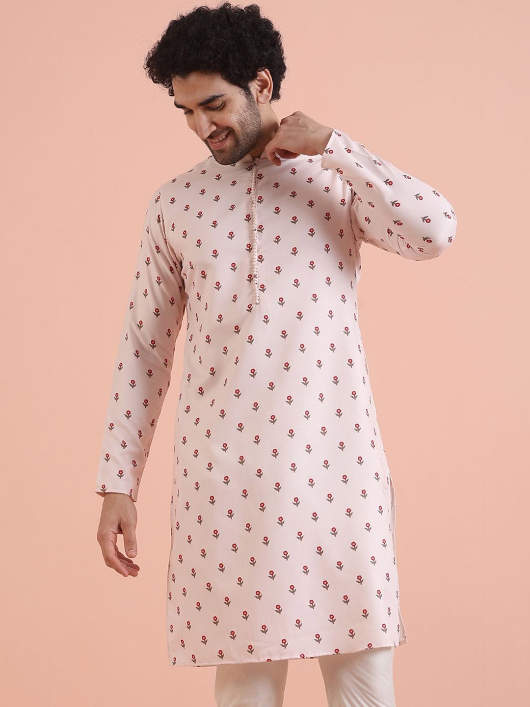 KISAH Men Floral Printed Flared Sleeves Thread Work Kurta, White