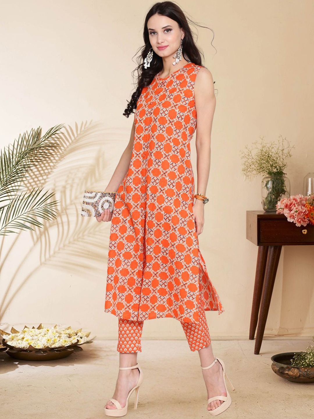 

Sera Women Floral Printed High Slit Pure Cotton Kurta with Palazzos, Orange